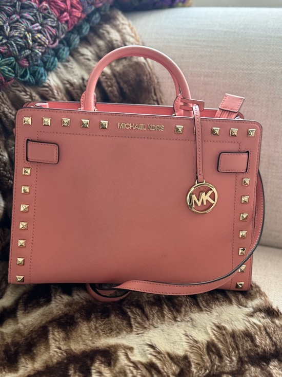 Michael Kors Handbags - Michael Kors Coral Pink Studded Saffiano Satchel with Gold Hardware